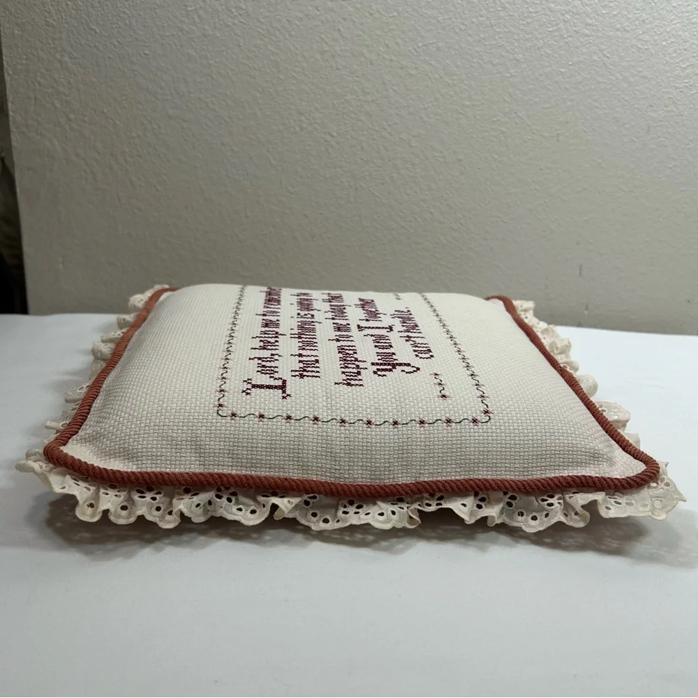Vintage Cross Stitch Ivory Burgundy Decorative Pillow With a Prayer “Lord…